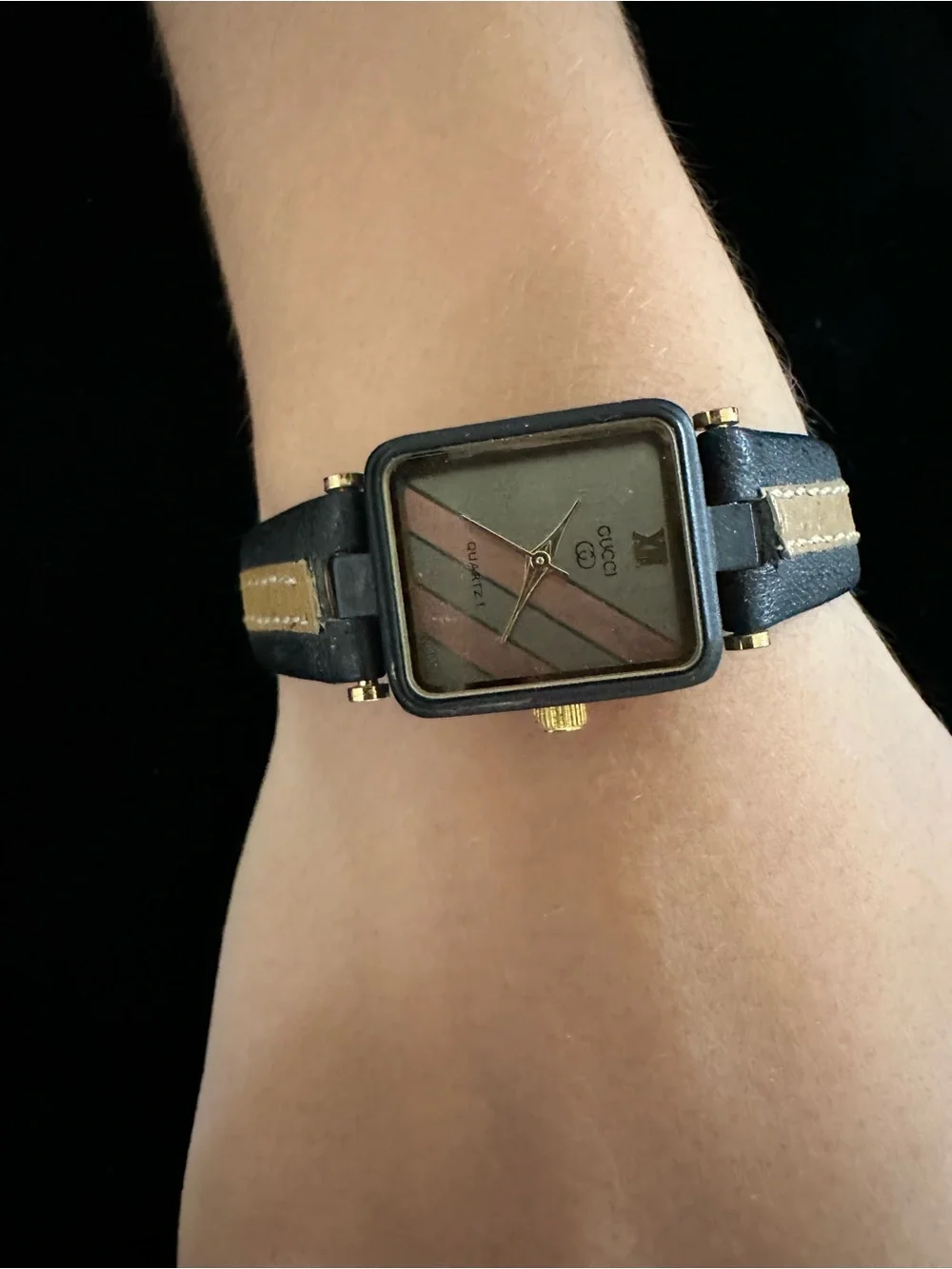 Gucci Vintage Square Dial Leather Strap Watch - Black & Brown Tan